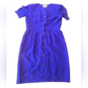 Victoria Soie Vintage 100% Silk Vivid Blue Purple Button Front Dress Size 6